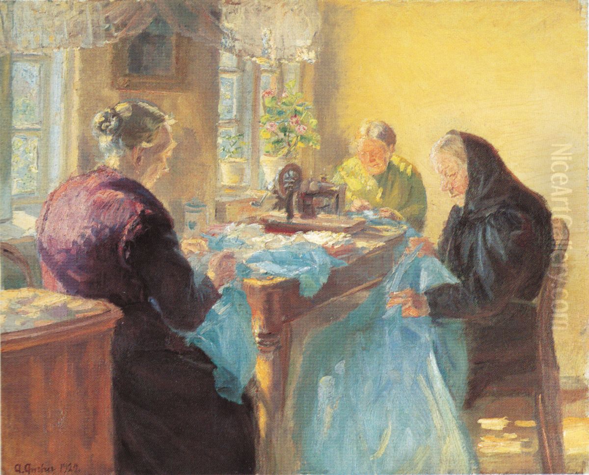 Three old women sewing a blue dress for a fancy dress ball Oil Painting by Anna Ancher