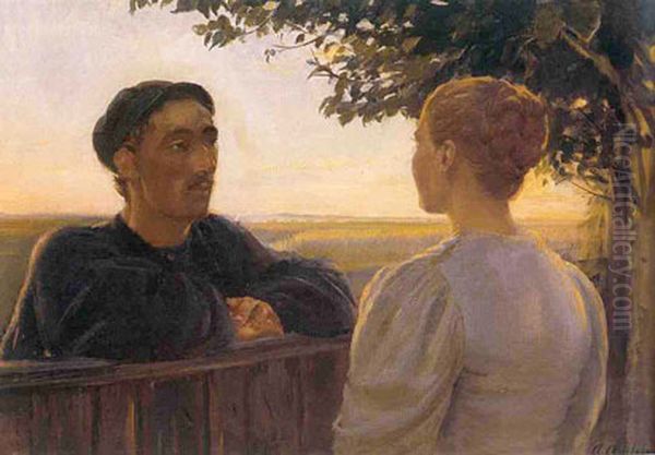 Aftenmode ved havegaerdet Oil Painting by Anna Ancher