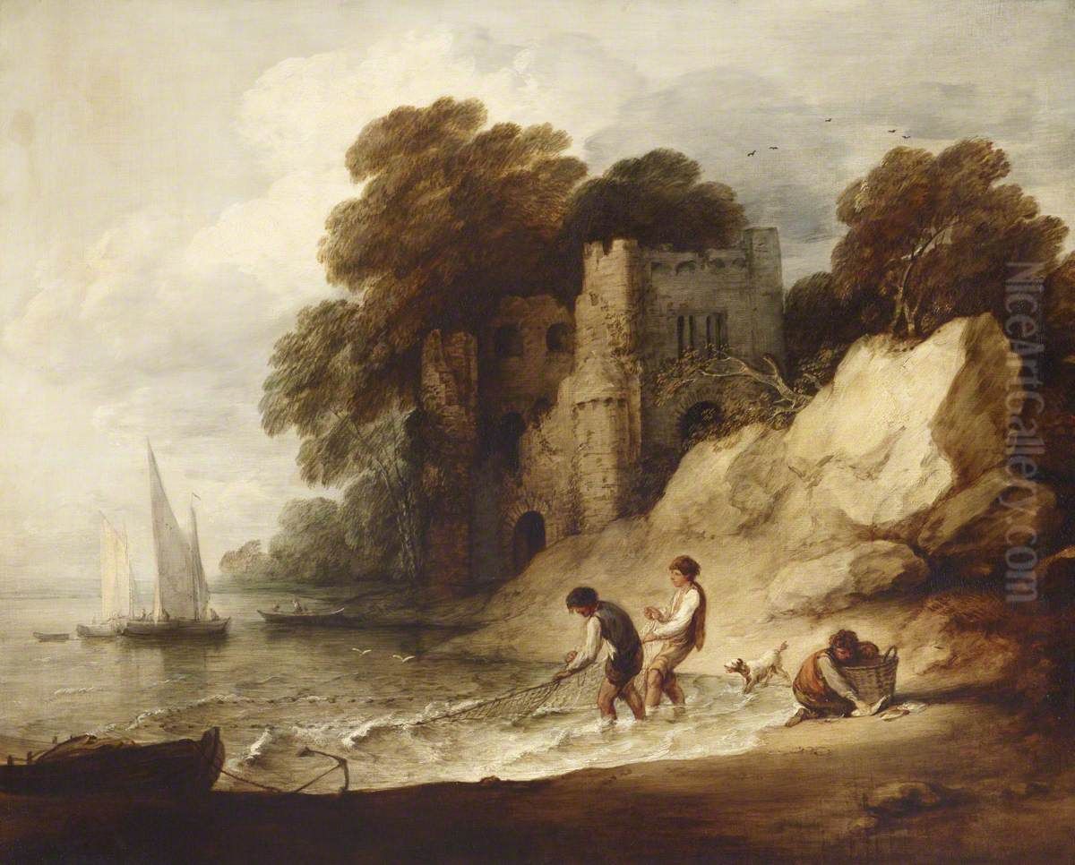 Rocky Coastal Scene with Ruined Castle, Boats and Fishermen Oil Painting by Thomas Gainsborough