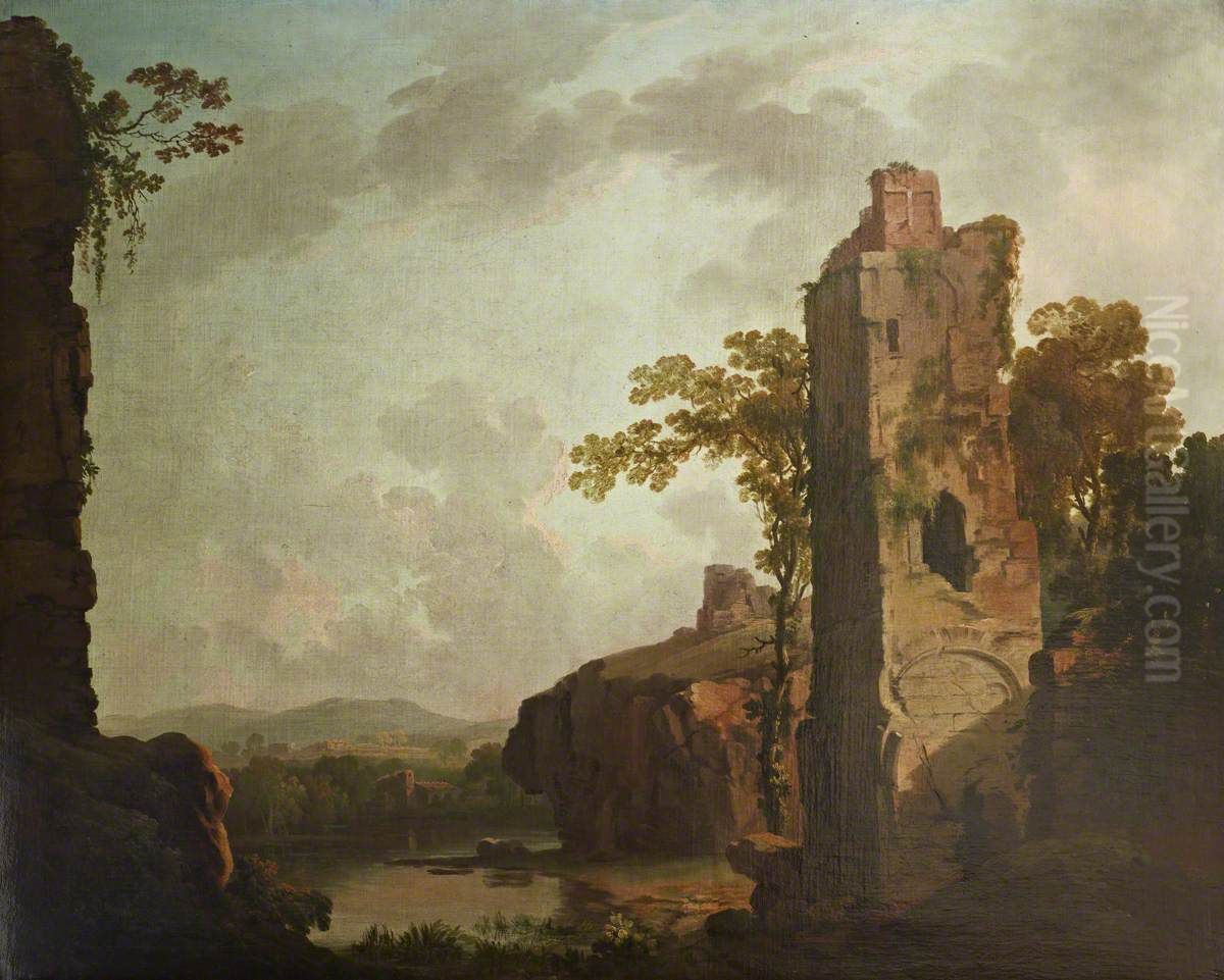 Landscape with a Ruined Tower Oil Painting by George Barret, Sr.