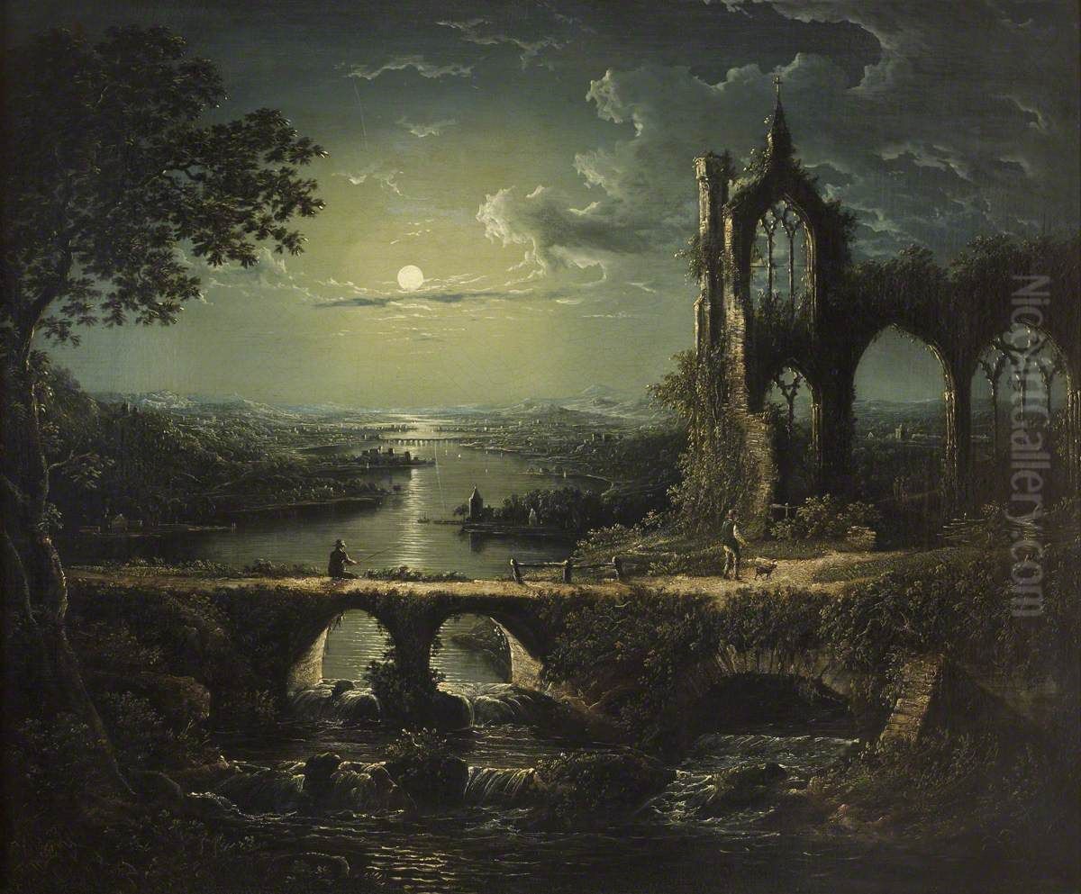 Moonlit River Scene with a Ruined Gothic Church and an Arched Stone Bridge with an Angler Oil Painting by William Pether