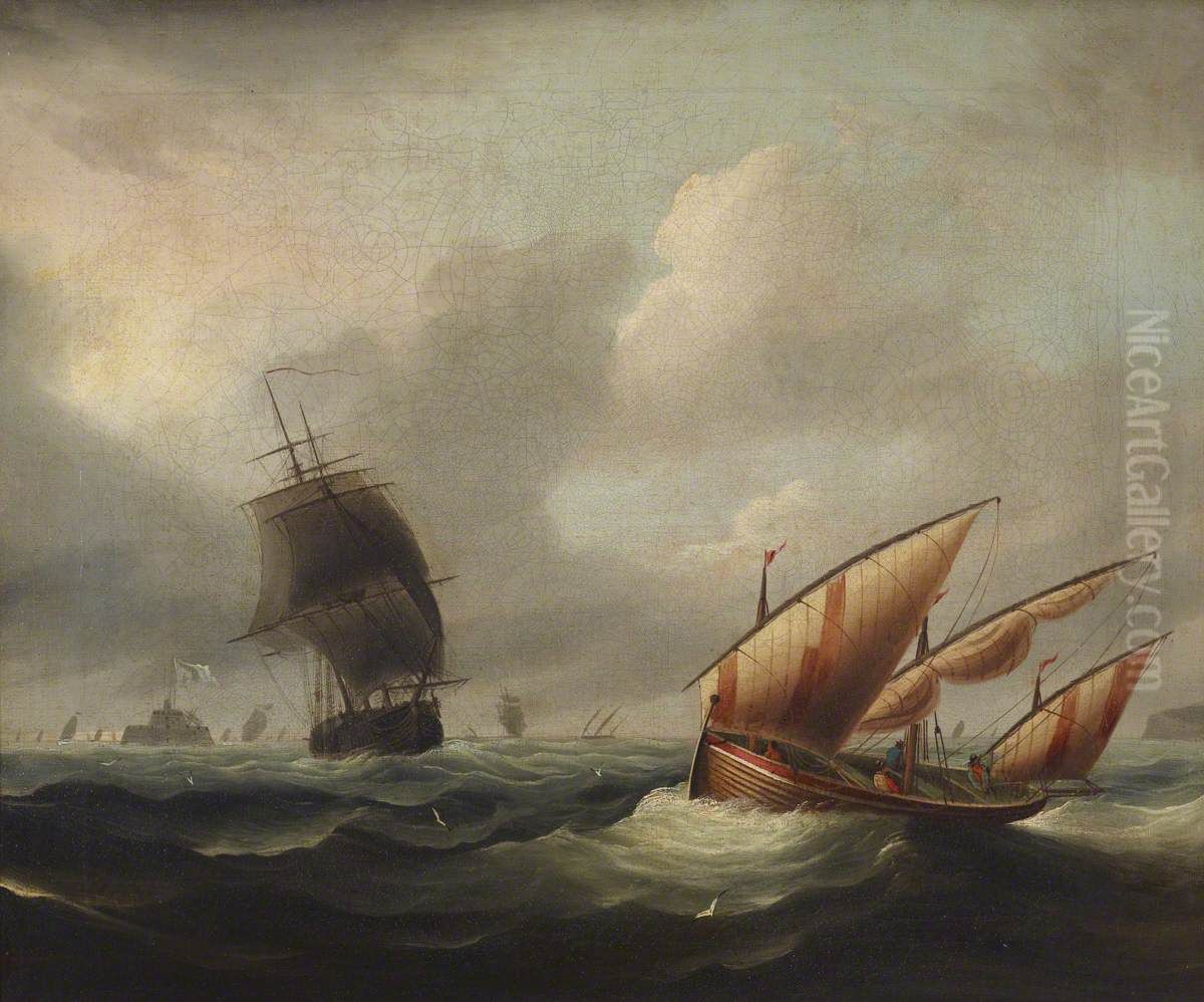 Seascape with View of Fort Stuart (Julia Ann with a Frigate and Lateen Boat with a Foreigner) Oil Painting by Thomas Luny