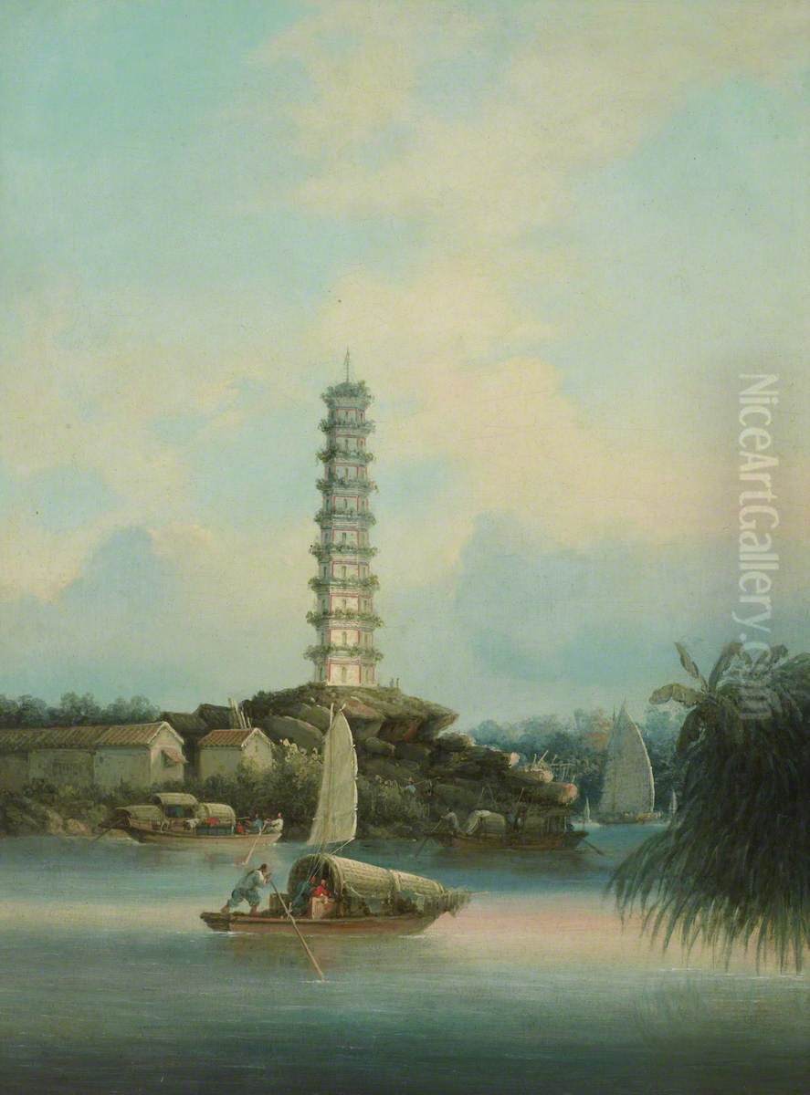 Chinese Scene with Pagoda and Junks Oil Painting by William Alexander