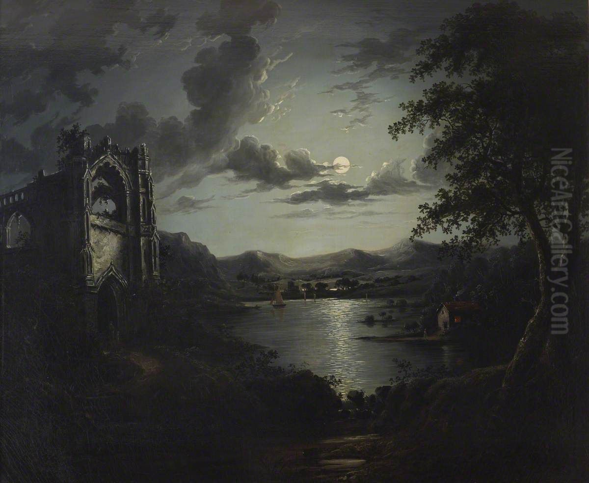 Moonlit Lake, with a Ruined Abbey and a Cottage with an illuminated Window Oil Painting by William Pether