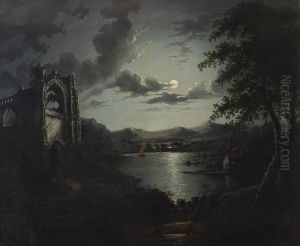 Moonlit Lake, with a Ruined Abbey and a Cottage with an illuminated Window