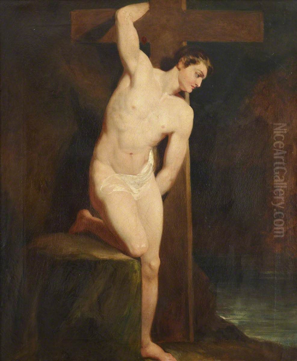 Academic Study of a Male Nude in the same Pose as a Figure in Michelangelo's 'Last Judgement' in the Sistine Chapel, Rome Oil Painting by William Etty