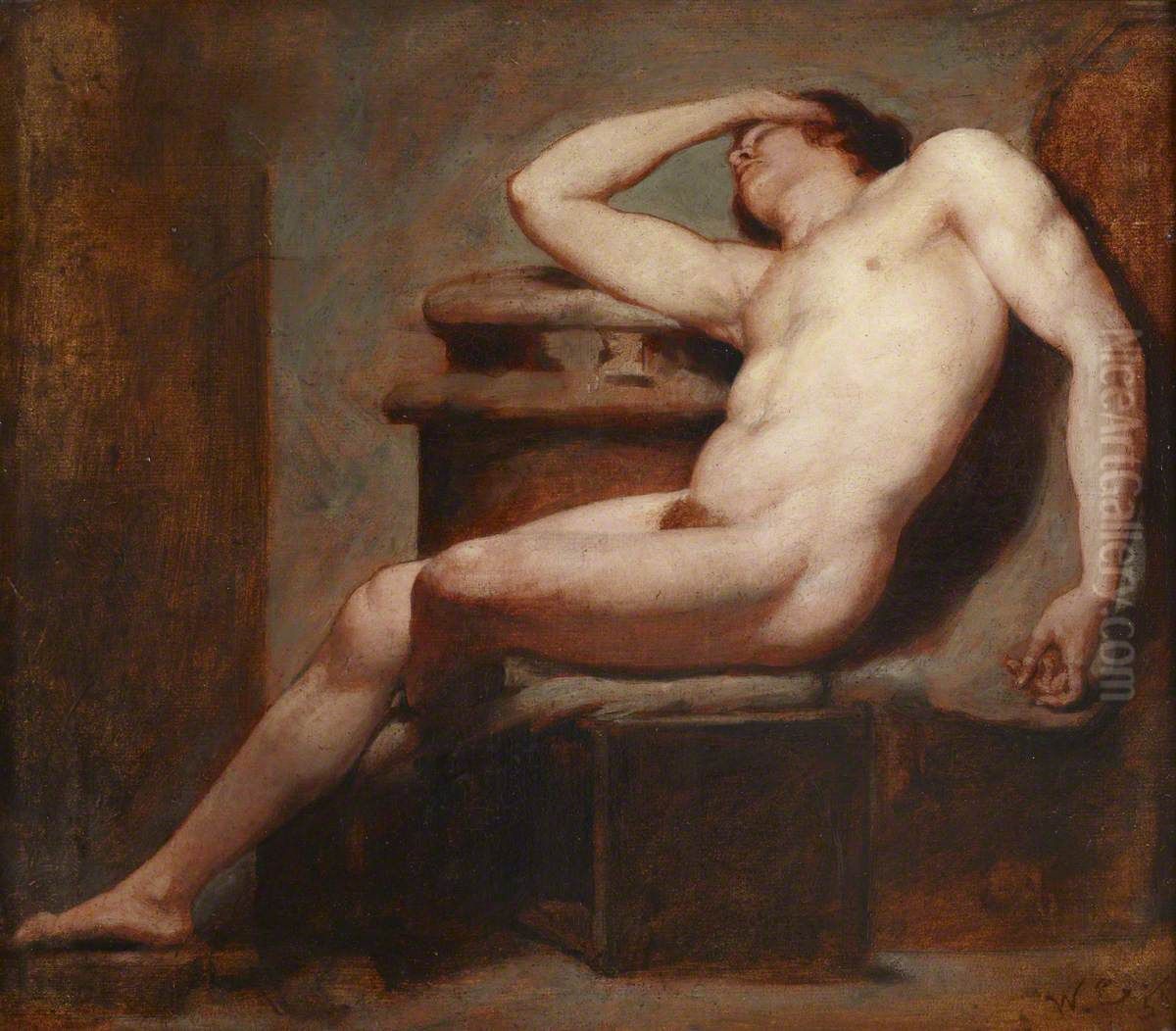 Academic Study of a Reclining Male Nude Asleep Oil Painting by William Etty