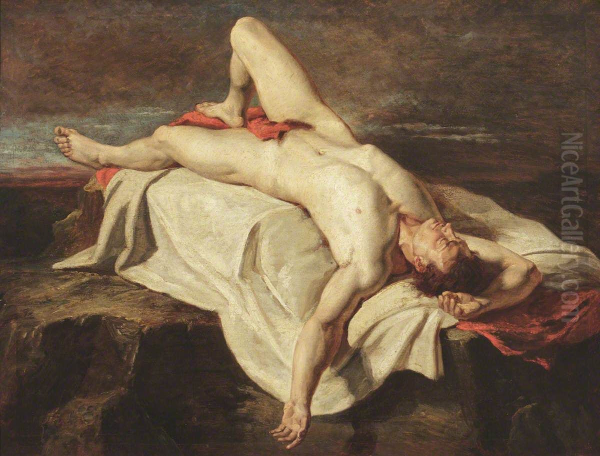 Academic Study of a Male Nude lying on a Shroud on Rocks Oil Painting by William Etty