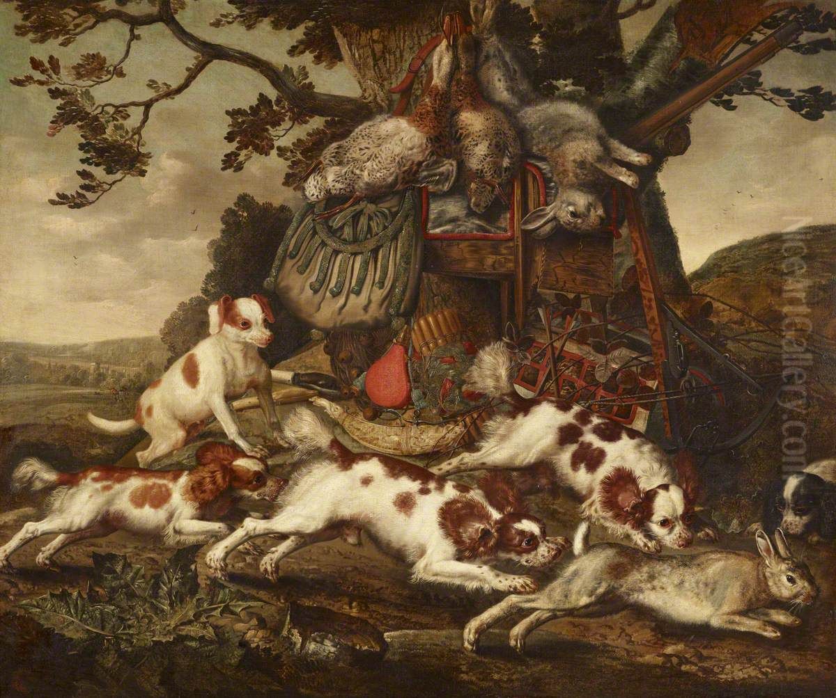 Spaniels chasing a Hare Oil Painting by Carstian Luyckx