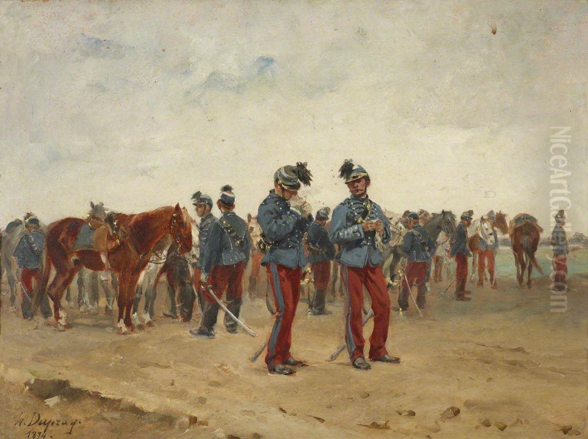 French Cavalry Standing by their Mounts Oil Painting by Henri Louis Dupray