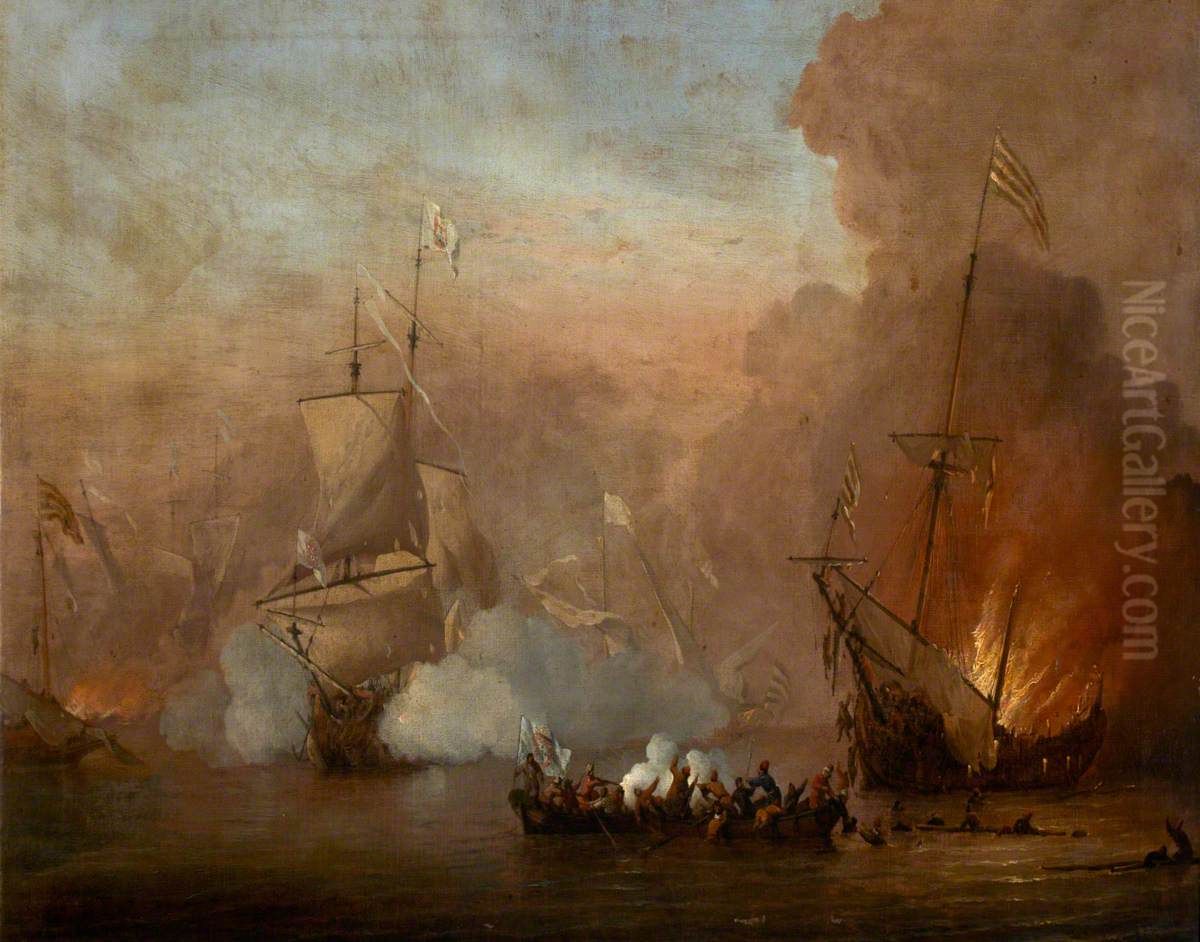A Naval Engagement between an English Ship and Barbary Ships Oil Painting by Peter Monamy