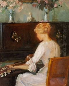Young Woman Playing a Guitar Before a Piano