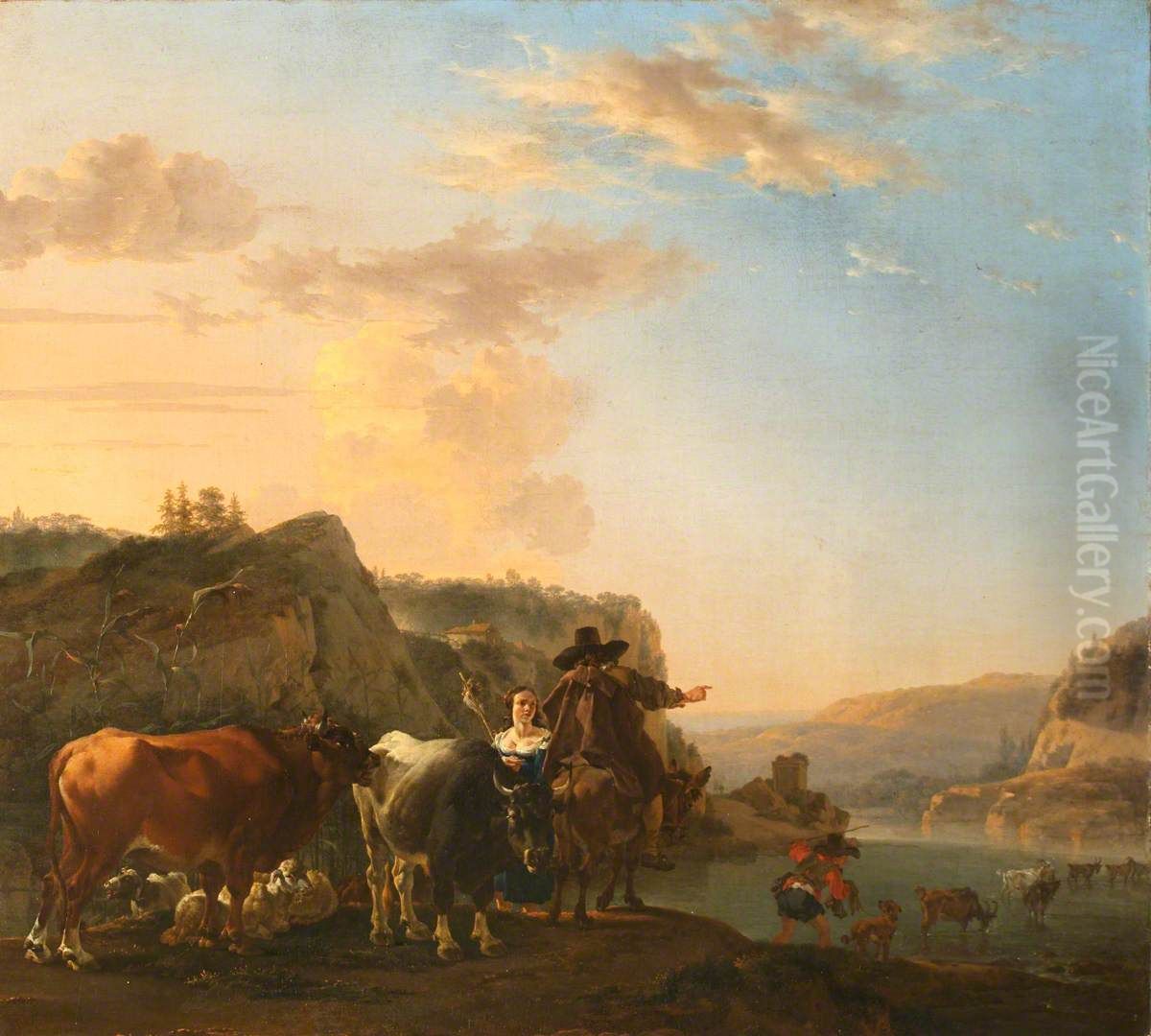 A Landscape with Peasants (Landscape with Herdsmen fording a River) Oil Painting by Jan Asselijn