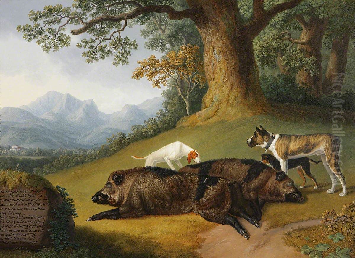 Two Views of a Dead Boar with a Mastiff and two other Dogs Oil Painting by Jacob Philipp Hackert