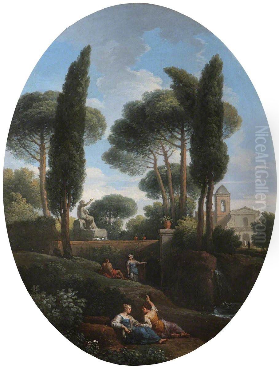 Classical Landscape with Two Reclining Women Conversing Oil Painting by Jan Frans van Bloemen
