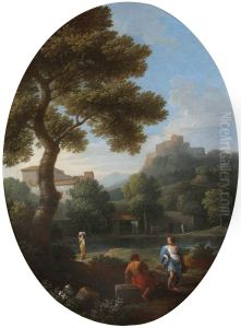 A Classical Landscape with a Man and a Woman conversing and a Distant Hill Town and Castle