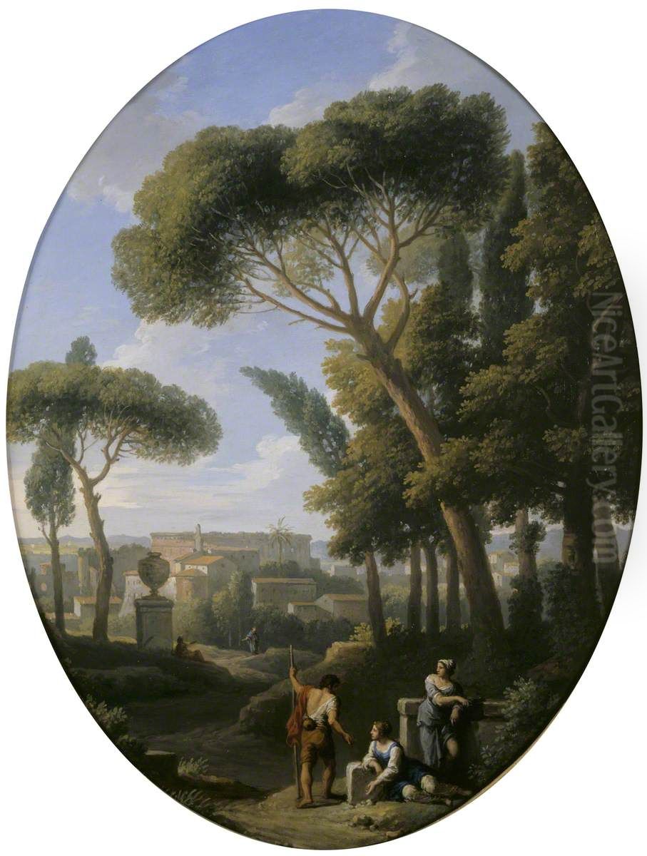 A Classical Landscape with a Traveller and Two Women conversing, a Town in the Distance Oil Painting by Jan Frans van Bloemen