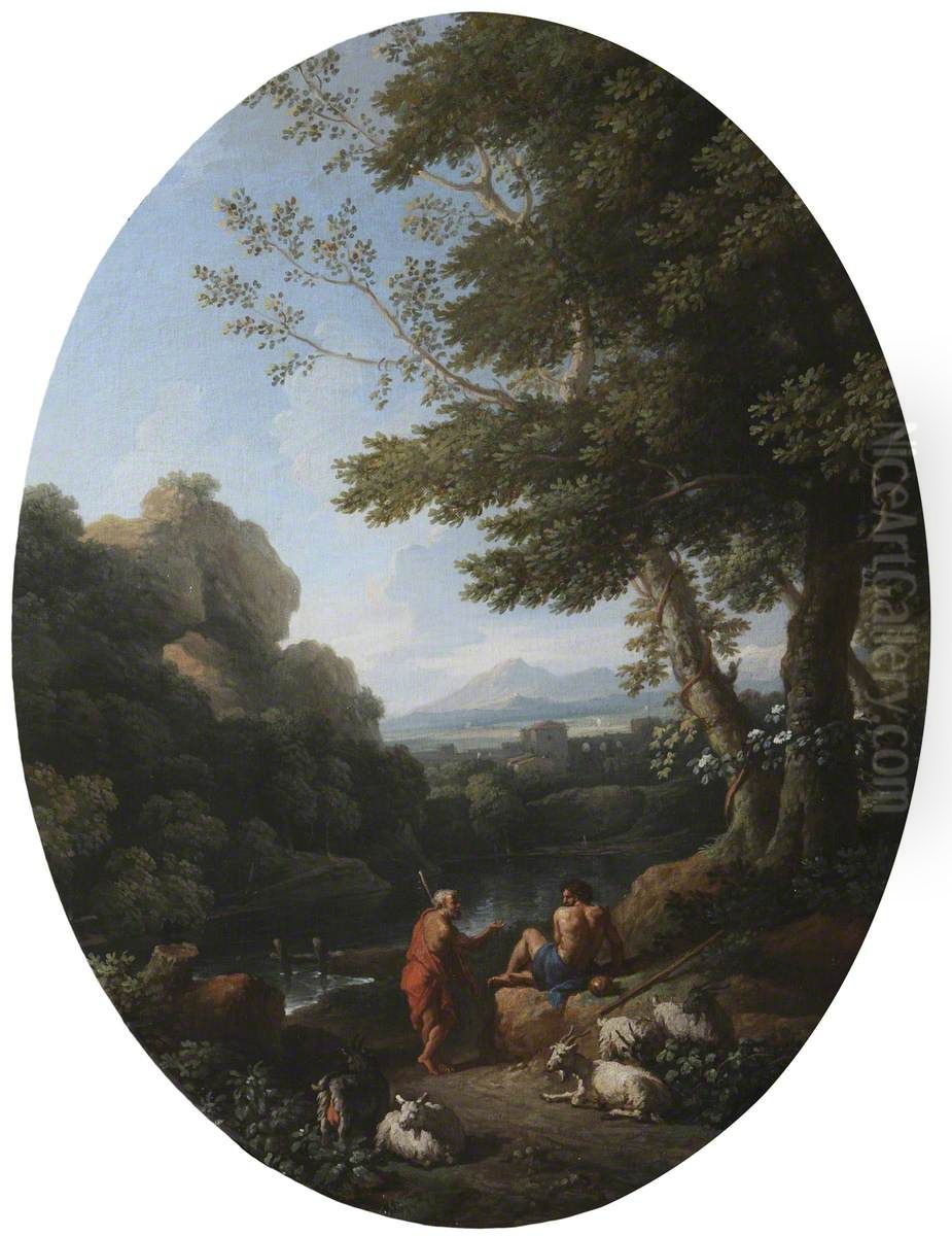 A Classical Landscape with Two Shepherds and Sheep Oil Painting by Jan Frans van Bloemen