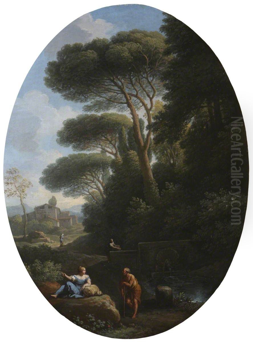 A Classical Landscape with a Man and a Woman conversing Oil Painting by Jan Frans van Bloemen