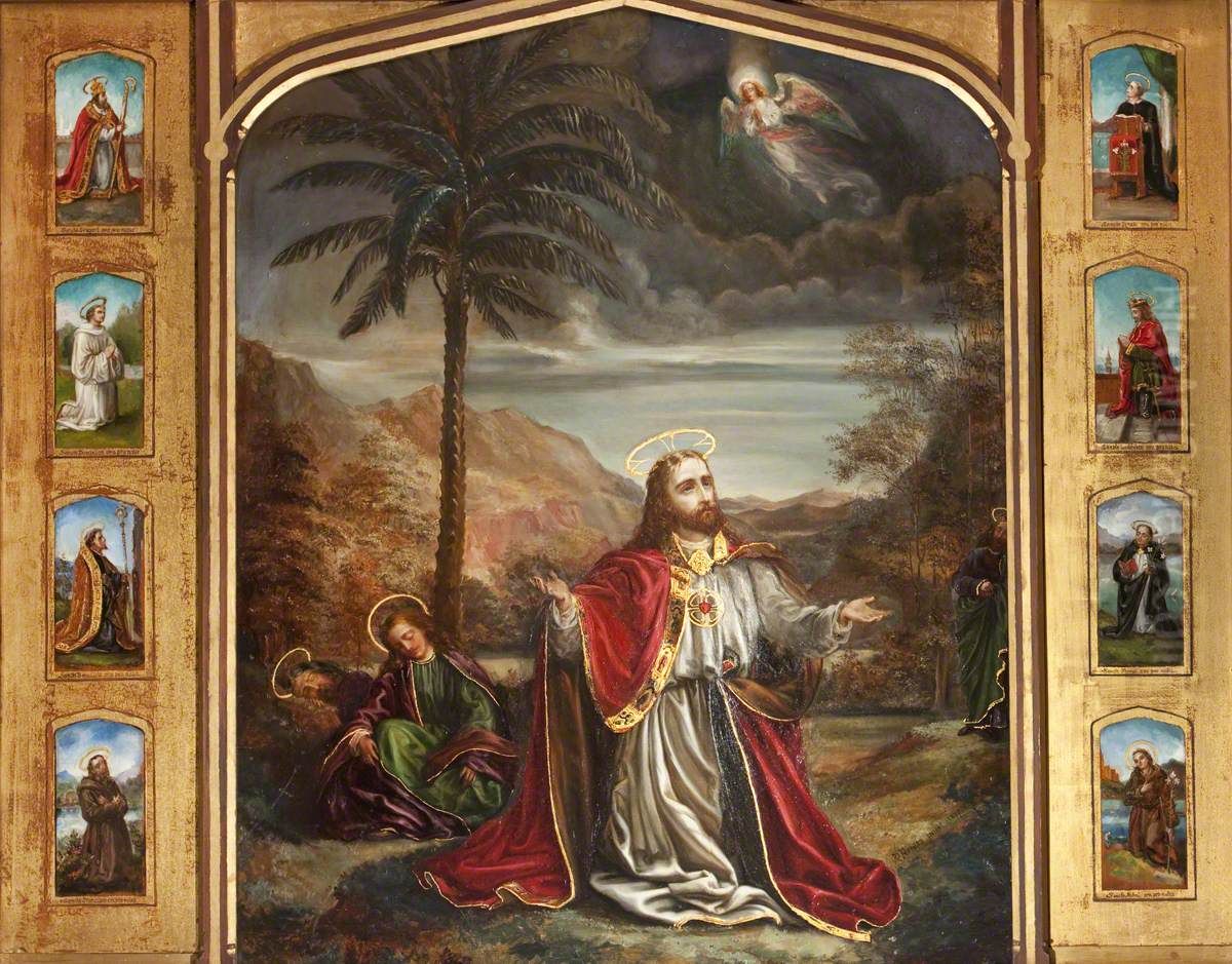 Christ in the Garden of Gethsemane surrounded by Eight Figures of Saints Oil Painting by Rebecca Dulcibella Orpen