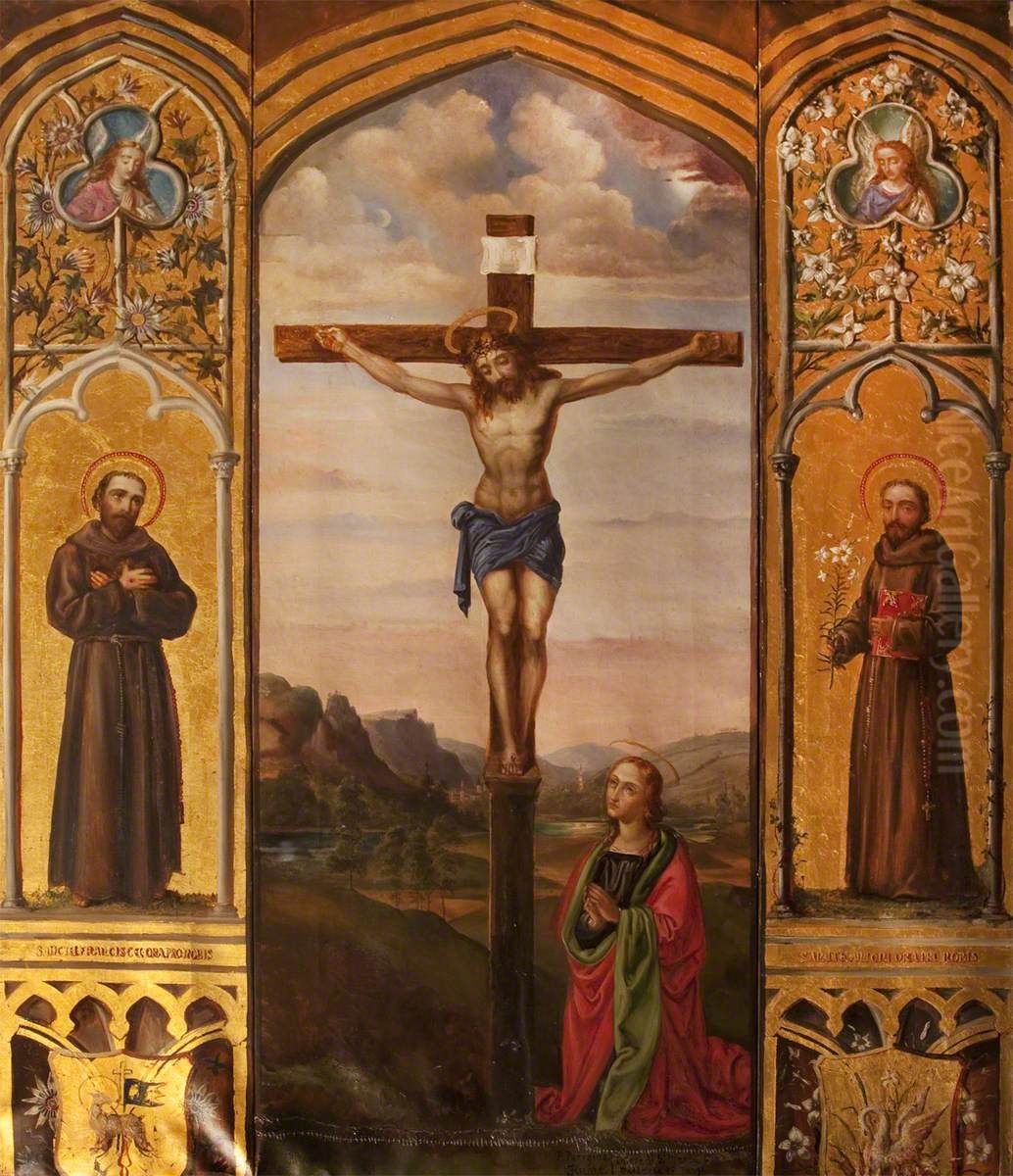Triptych with Christ crucified with Saint Mary Magdalen (after Pietro Perugino), and Saint Francis and Saint Anthony of Padua Oil Painting by Rebecca Dulcibella Orpen