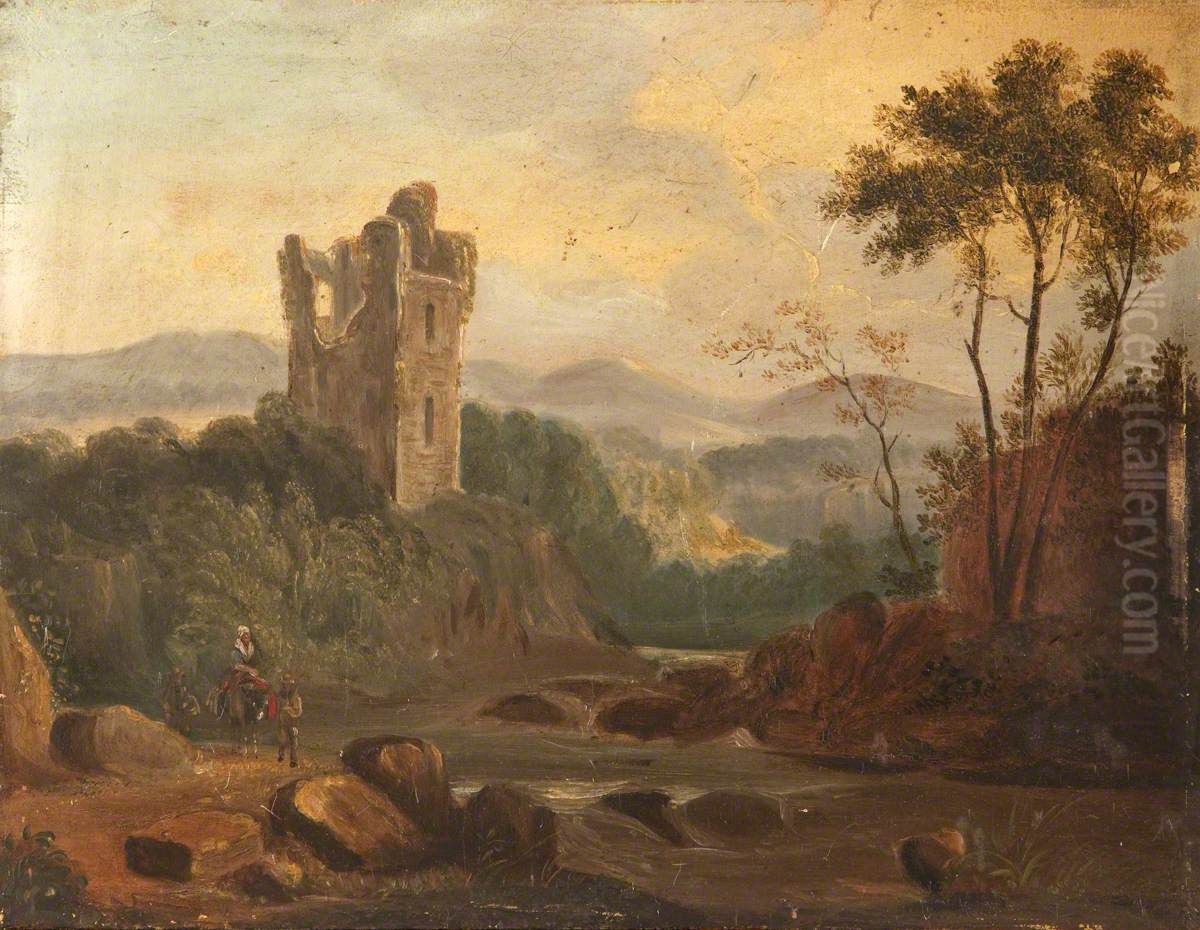 A River Landscape with a Ruined Tower, Ireland Oil Painting by Rebecca Dulcibella Orpen