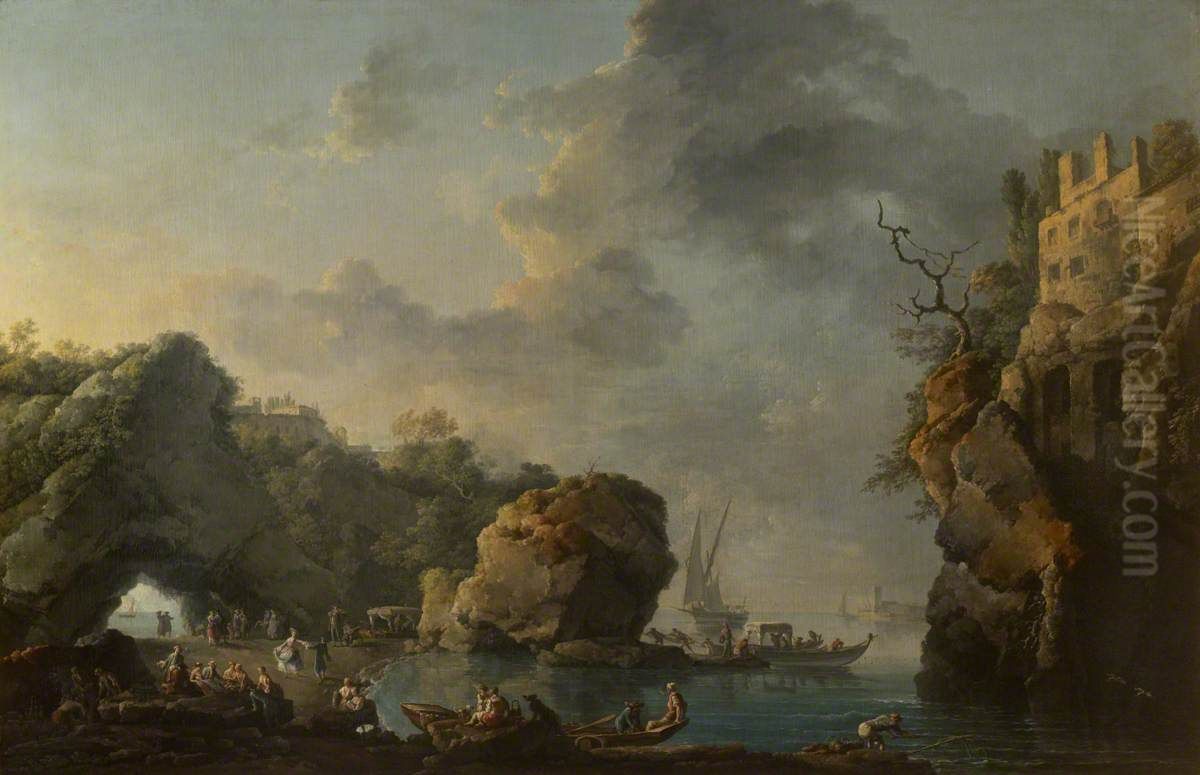Coastal Scene with Fisherman and Ladies and Gentlemen assembling for Lunch Oil Painting by Carlo Bonavia