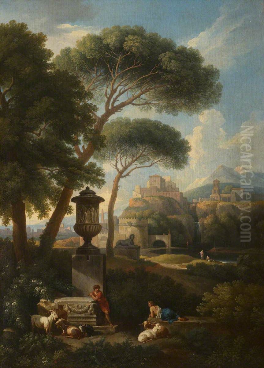 A Classical Landscape with an Urn, Shepherds and Goats Oil Painting by Jan Frans van Bloemen
