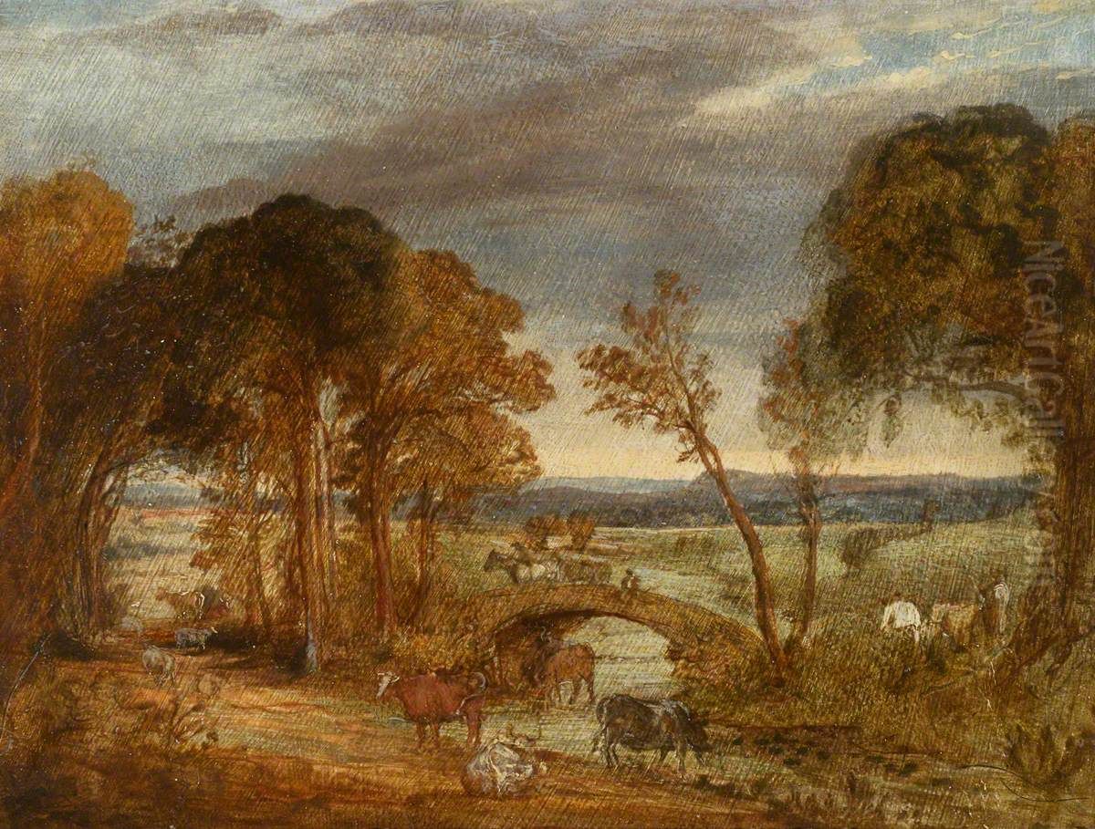 River Landscape with Bridge, Figures and Cattle Oil Painting by James Ward