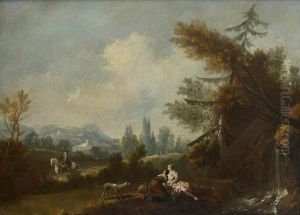 Hilly Landscape with two Country Women and a Dog by a Small Waterfall and a Rider on a Road