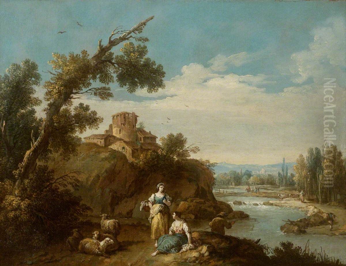 River Landscape with two Country Women and Four Sheep on a Winding Road, a Fisherman and Farm buildings round an Old Round Tower in the middle distance Oil Painting by Giuseppe Zais