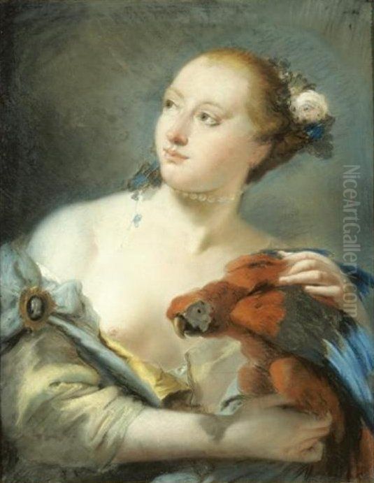 Young Woman with a Parrot Oil Painting by Lorenzo Tiepolo