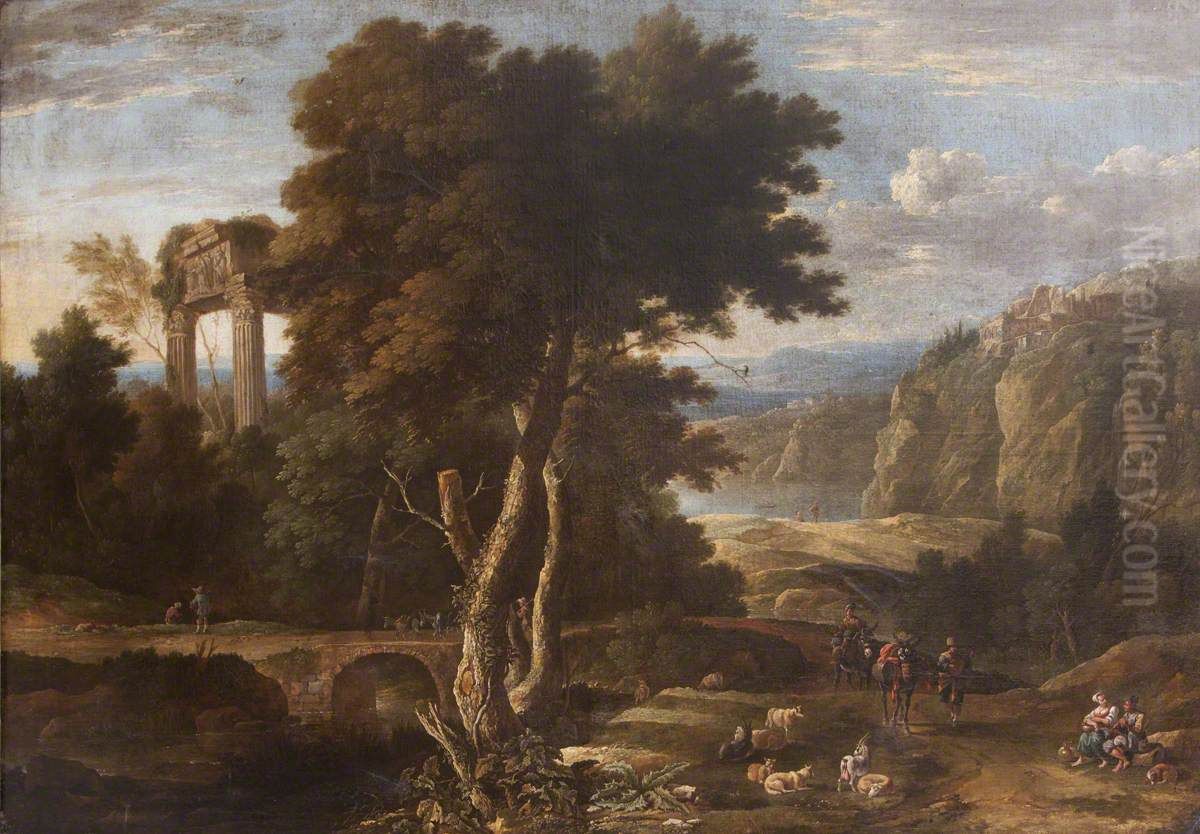 Classical Landscape with Travellers and a River Oil Painting by Gaspar de Witte