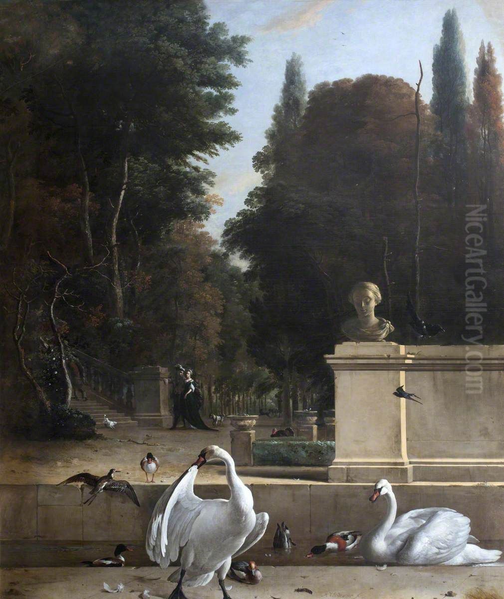 View of a Park with Swans and Ducks Oil Painting by Melchior D'Hondecoeter