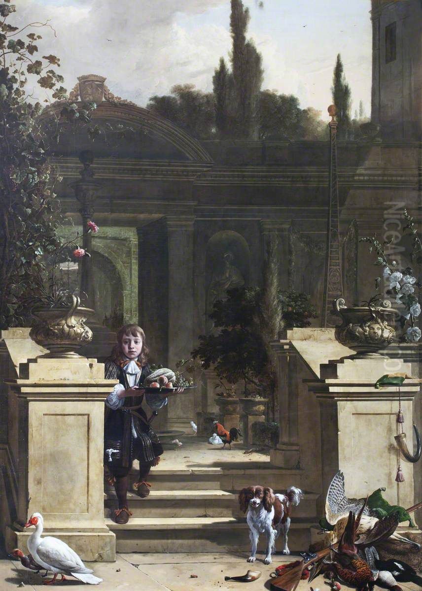 View of a Terrace with a Page Descending Oil Painting by Melchior D'Hondecoeter
