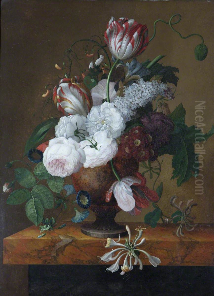 Tulips, Honeysuckle, Peonies and Roses in an Urn Oil Painting by Jan Frans Van Dael