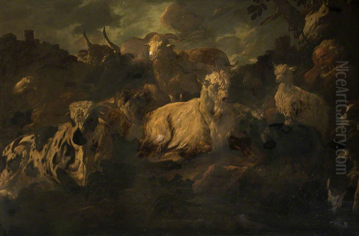 Herdsman sleeping amidst his Sheep, Goats and Cattle Oil Painting by Philipp Peter Roos