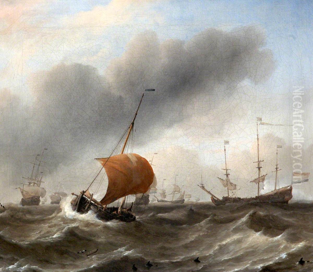 Dutch Shipping in a Heavy Swell with a Small Hoeker Oil Painting by Willem van de Velde the Younger