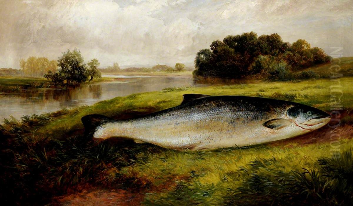 A Salmon lying on a Riverbank Oil Painting by George Turner