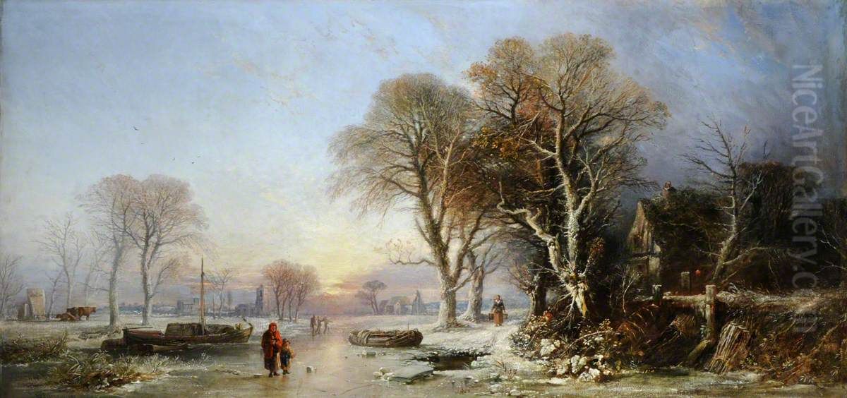 A Winter Landscape at Sunset with Figures on a Frozen River Oil Painting by William James Muller