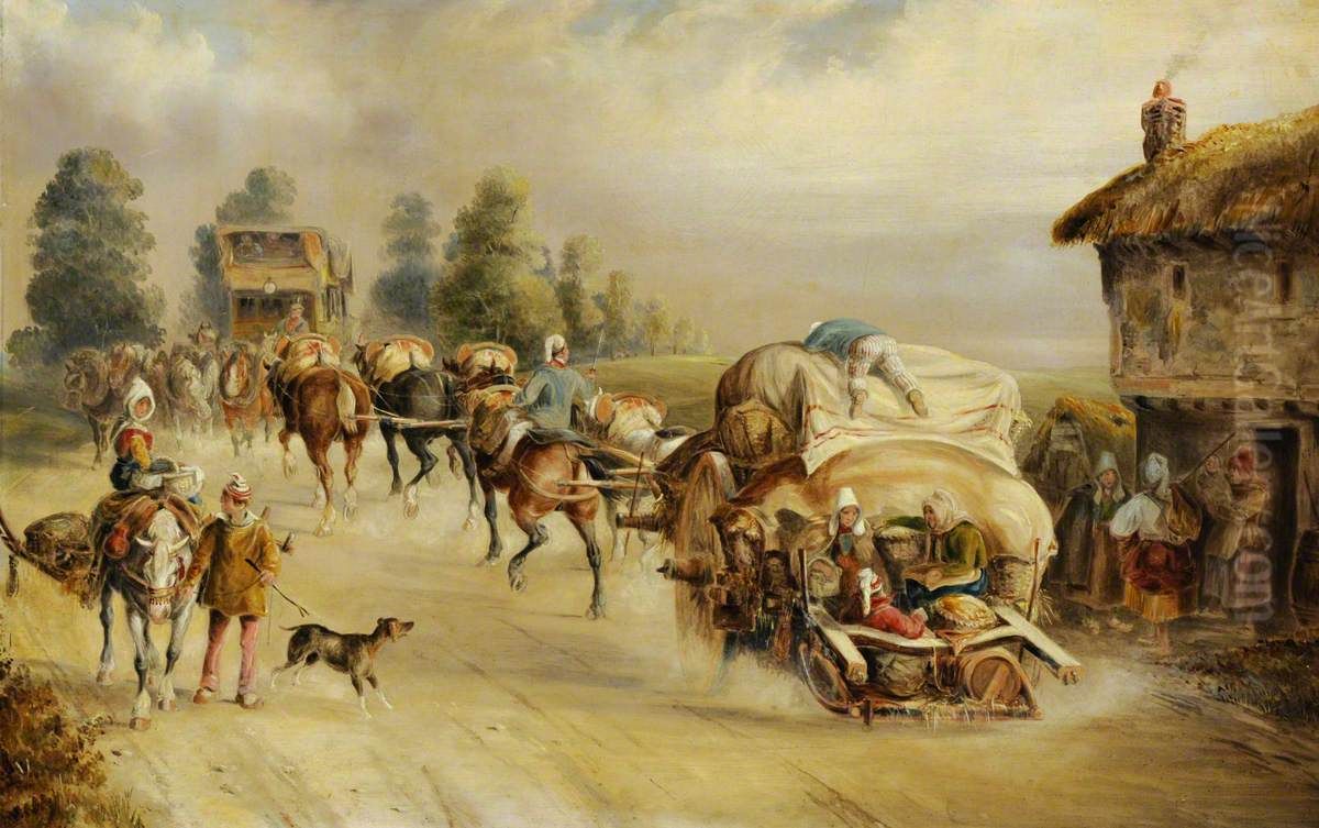 Laden Horse-drawn Wagons on the Road Oil Painting by Charles Cooper Henderson