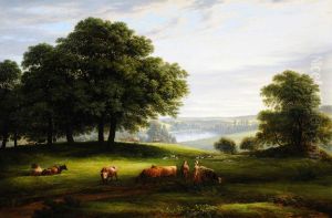 A View of Calke Park with a View of Lower Dog Kennel Pond, Figures, Cattle and Sheep
