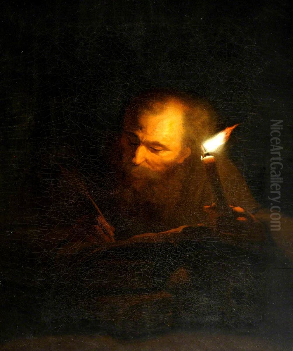 An Old Man writing a Book by Candlelight Oil Painting by Godfried Schalcken
