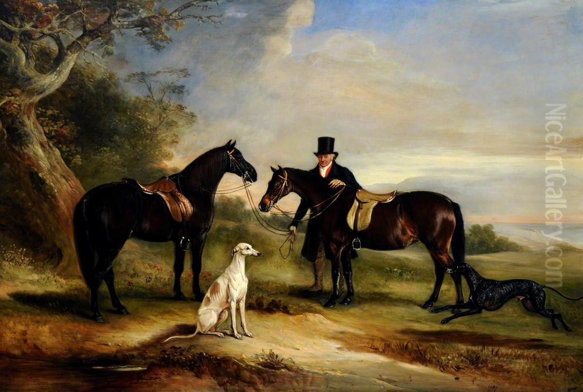 A Groom (Frank Spence) with Two Ponies and Two Greyhounds in a Landscape Oil Painting by John Ferneley