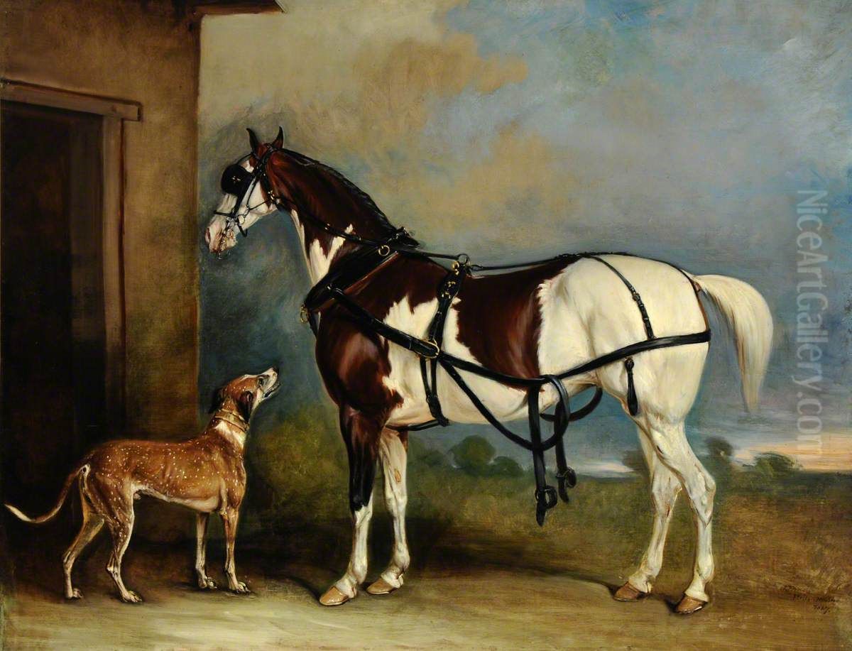 'Lofty' a Skewbald Carriage Horse with a Greyhound Oil Painting by John Ferneley