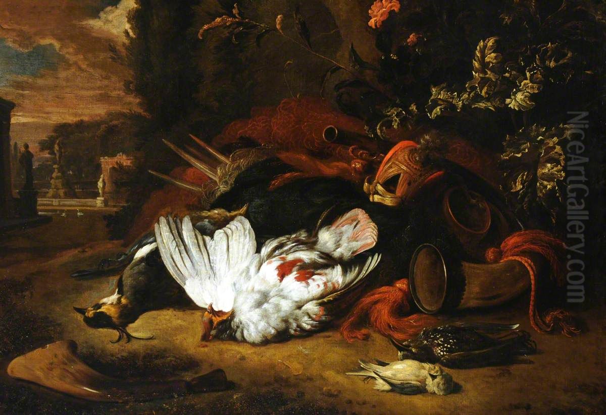 Still Life of Birds and Flowers in a Park Oil Painting by Jan Weenix