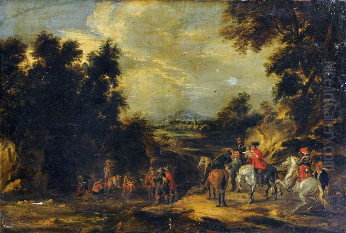 Cavaliers halting on a Roadway in a Landscape Oil Painting by Jacques d'Arthois