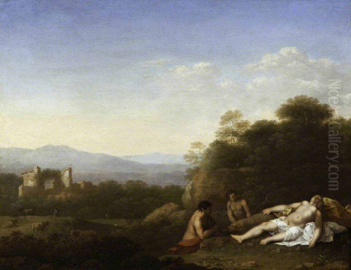 Landscape with a Satyr and Antiope (?) Oil Painting by Cornelius van Poelenburgh