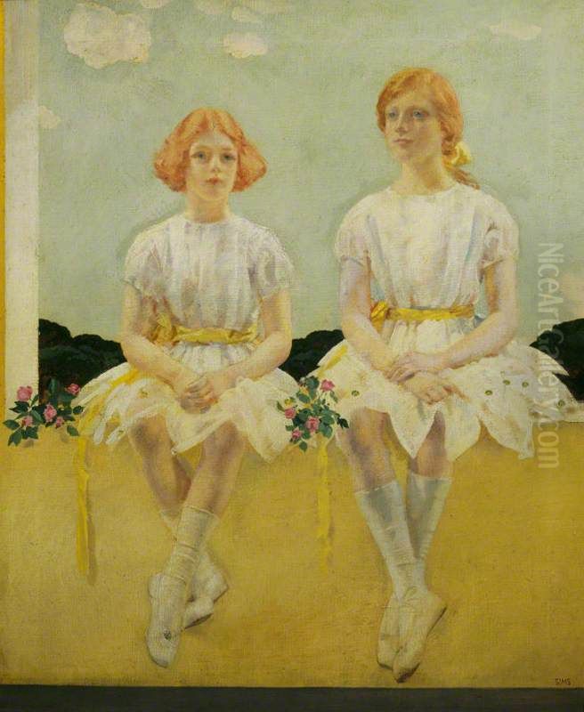 Two Girls Seated, Diana (1909-1963) and Sarah Churchill (1914-1982) Oil Painting by Charles Sims