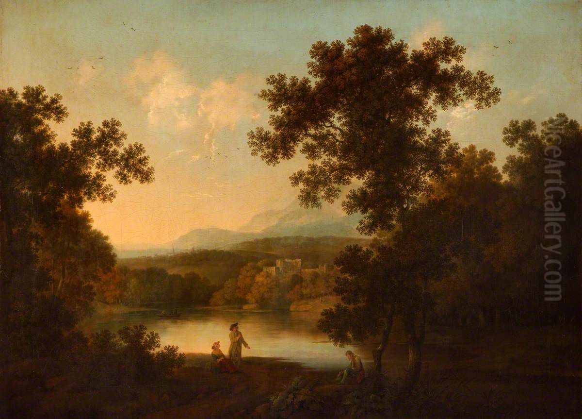 A Landscape with Views of a Ruined Castle and a distant Town seen over Water Oil Painting by George Smith